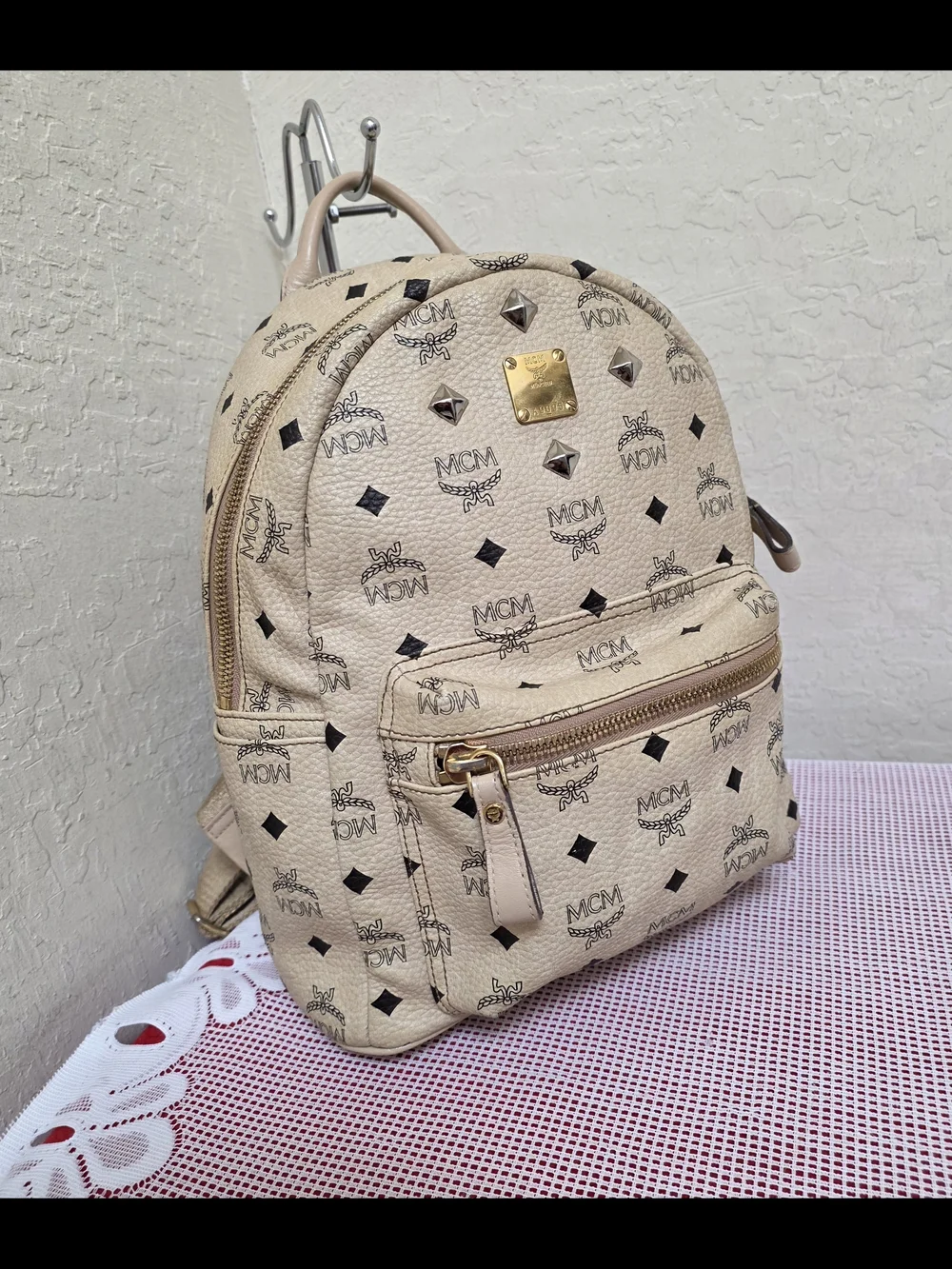 MCM Cream Monogram Medium Backpack AUTHENTIC